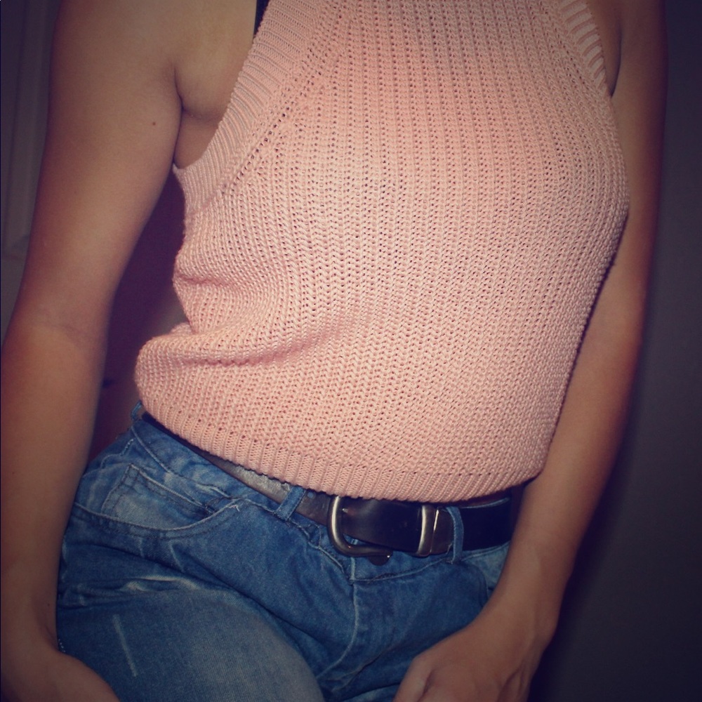 Distressed cream crocheted tank top